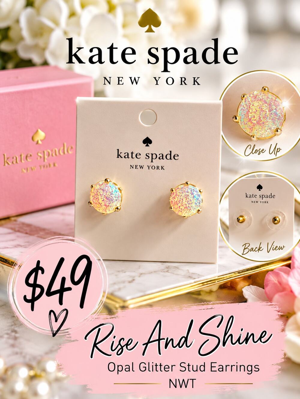 Kate Spade $49 Rise And Shine Opal Glitter Stud Earrings NWT